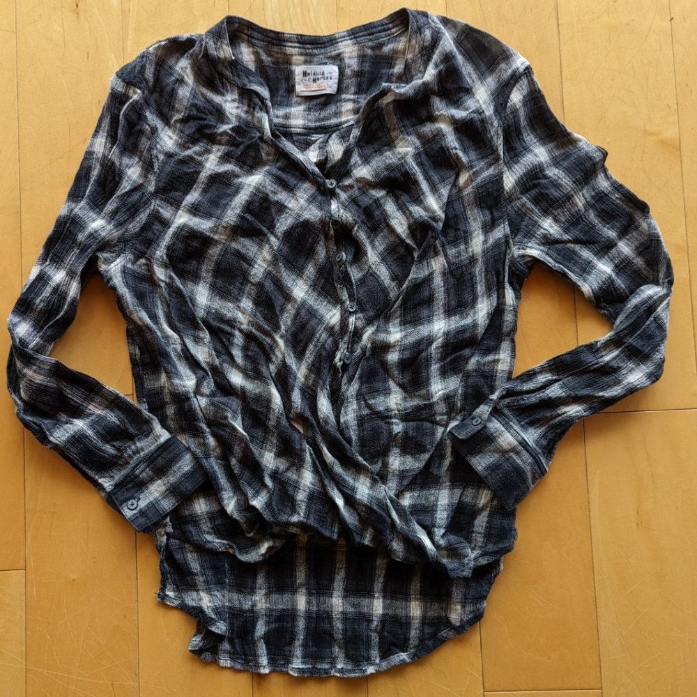 Holding Horses Anthropologie black and white plaid draped top